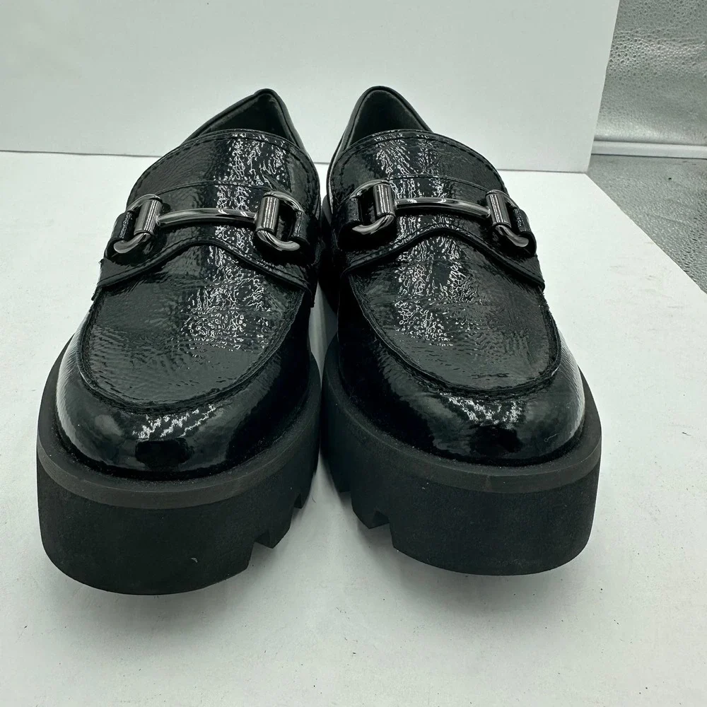 Franco Sarto Womens Y2K Chunky Heel Black Crinkle Patent Lug Sole Bit Loafers 7M